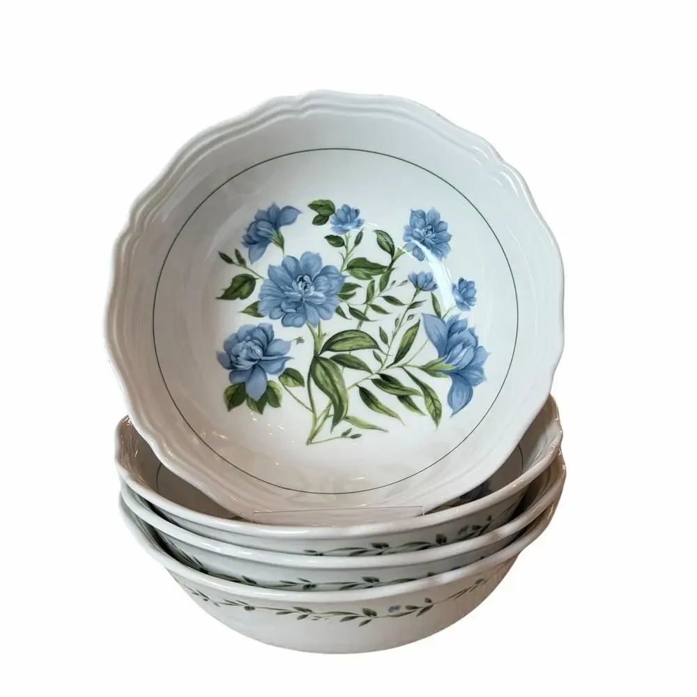 Envogue Blue Floral Salad Bowls 7in Porcelain Set of 4 Scalloped New
